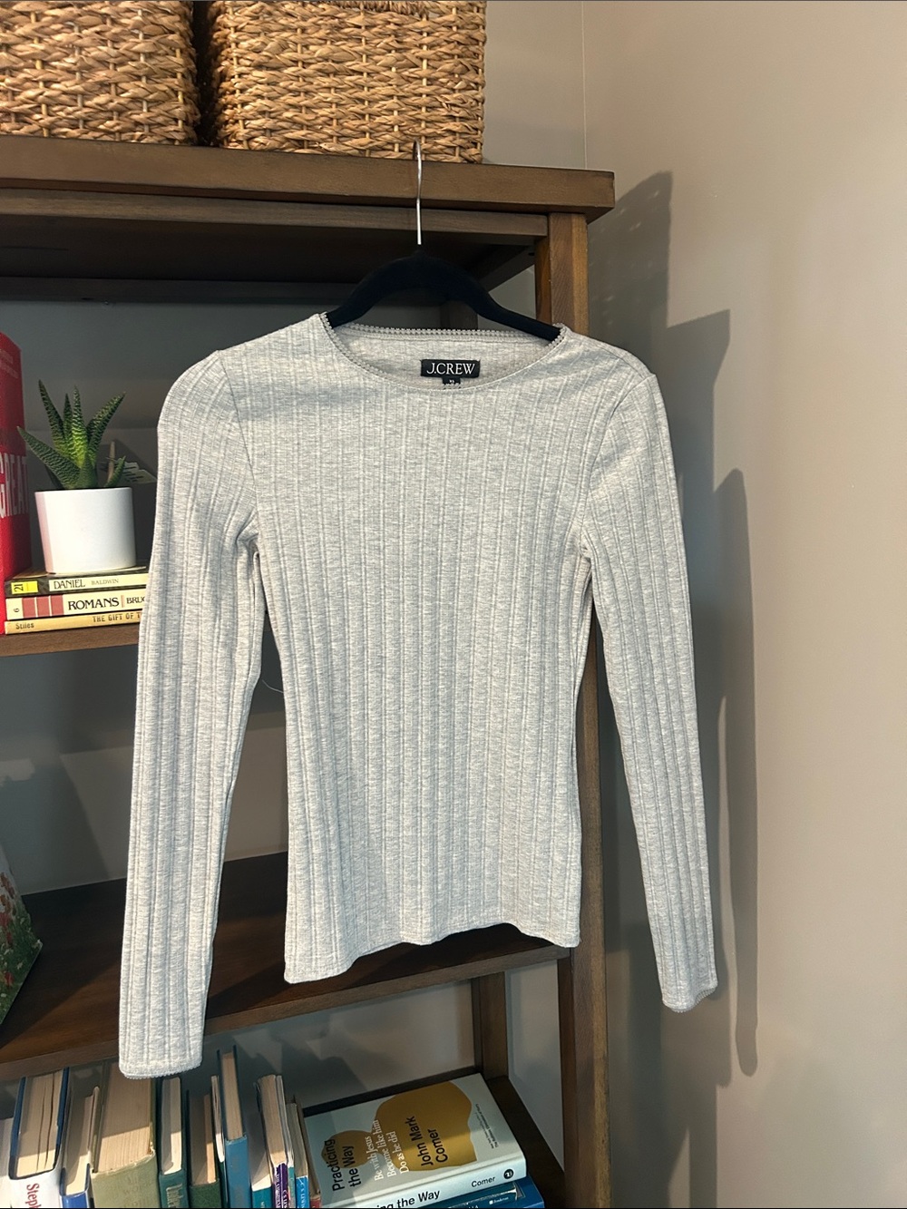 J. Crew Ribbed Long-Sleeve Top in Light Gray